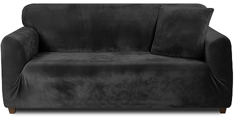 Teynewer Thick Velvet Sofa Covers 1 2 3 4 Seater High Stretch Non-Slip Couch Cover Elastic Furniture Protector Plush Sofa Slipcovers with 1 pillowcase for Living Room Dogs Cats Pet (4 Seater, Black)