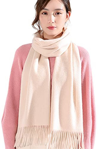 OVLAJ Kashmirhalsduk kashmir vinterhalsdukar för kvinnor solida tofsar pashmina sjalar-beige, 170 x 35 cm