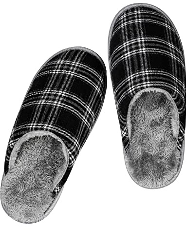 riemot Herren Hausschuhe Warm Plüsch Winter Pantoffeln Weiche Atmungsaktive rutschfeste Slipper für Indoor & Outdoor Schwarz Weiß Kariert 44/45 EU