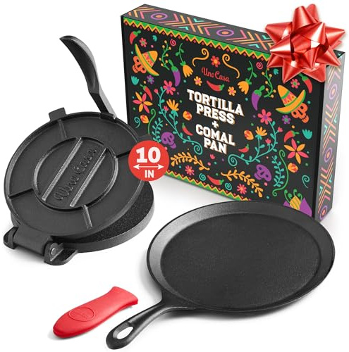 Uno Casa 10 Inch Cast Iron Tortilla Press & Comal Pan Bundle - Non-Stick, Heat-Resistant, Family Size, Gas Stovetop Compatible