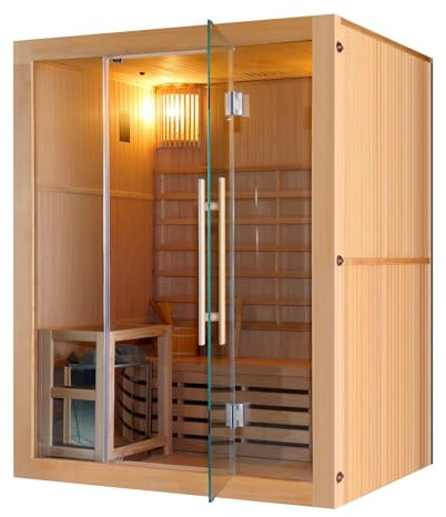 Sauna finlandesa RIGA - Estufa de sauna para 3 personas, incluye piedras de sauna, cristal de seguridad, con cubo con creador, termómetro y reloj de arena, dimensiones: 150 x 120 x 190 cm