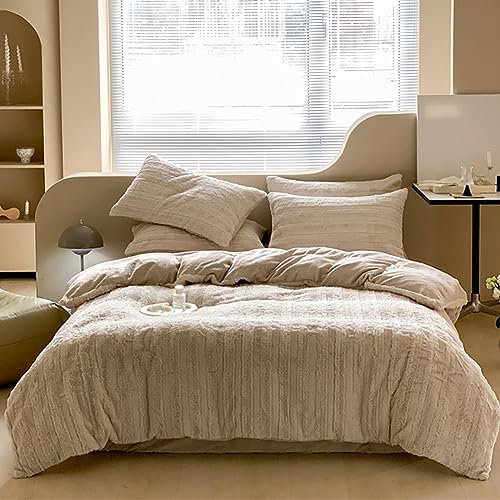 Michorinee Housse de Couette en Peluche 200x200 Beige - Parure de Lit Polaire Flanelle Chaud Hiver - Linge de Lit 2 Personnes Fermeture Éclair + 2 Taie d'oreiller 65x65 cm