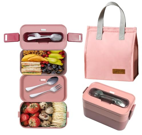 Resszo Bento Lunch Box Kit, 1600 ml Double Couche Boite Repas avec Couverts + Sac Isolant, Anti Fuite Bento Box pour Pique-Nique, Travail, Goûter, Boîte à Lunch Micro Ondes