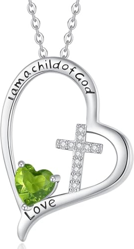RAODA I Am a Child of God 1CT Birthstone Necklace initial heart necklace for girls 4-6 girls' birthstone jewelry for girls 6-8 Heart Cross Gifts for Girls 18K White Gold Plated Necklace for Teen Girls Baptism Gifts First Communion Gifts for Girls Goddaughter Daughter (08-August-Peridot)
