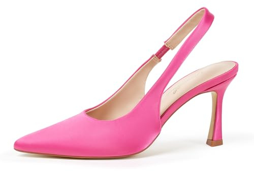 GENSHUO Dam-Slingback-pumps med hög klack, förtrollande spetsigt tåområde, 10 cm, svart/rosa/blå/vit, bekväm och elegant, storlek 36–42, Rosa satin, 38.5 EU