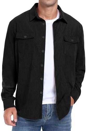 QIXING Mens Corduroy Shacket Long Sleeve Overshirt Button Down Jacket Shirt | Turn-down collar with twin flap pockets for a clean finish. Soft, durable corduroy made for effortless layering
