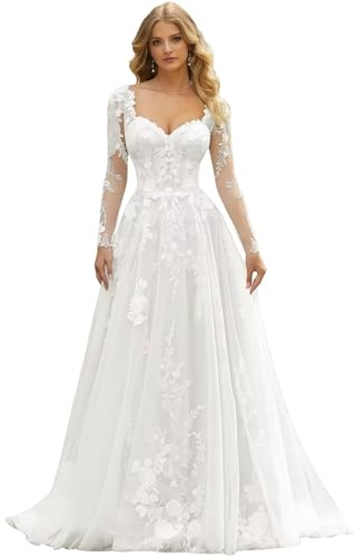 JIAJUPA Lace Beach Wedding Dresses for Bride Long Sleeves A-Line Tulle Applique Ball Gowns Bridal Dress White Size 18