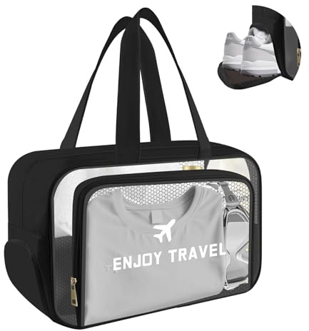 Clear Toiletry Bag, Large Capacity Waterproof Transparent Makeup Cosmetic PVC Bag with Shoe Compartment and Wet Pocket for Women Girls Men(Black)