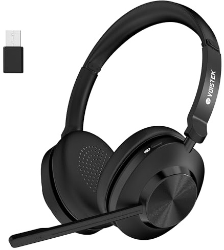 Voistek Auriculares Inalámbricos Bluetooth con Micrófono y Cancelación de Ruido, Dongle USB, Función Silencio Micrófono, Batería 45 Horas para PC, Móvil, Reuniones Oficina y Centro de Llamadas