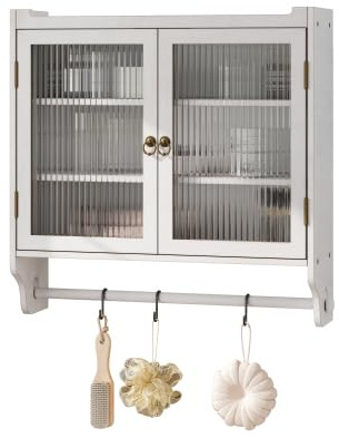 HAINEW Armario colgante moderno, armario de cocina, armario de pared con 2 puertas de cristal y barra colgante, madera, vidrio, botiquín para cocina y baño, 63 x 18 x 60 cm
