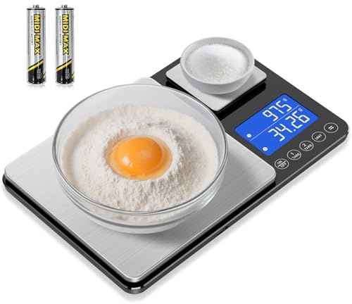 KUAIVO Küchenwaage Digital 15 kg / 0,01 g, Hochpräzise Zweibereichs Waage Küche mit Addierfunktion, Tara-Funktion, 7 Maßeinheiten, Küchenwaage zum Kochen und Brotbacken, inkl. Batterien