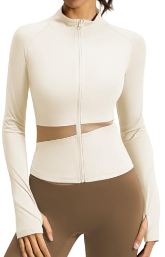 ATRACTIVOLL Veste de Sport Femme Manches Longues Haut de Fitness Slim Fit Respirante Veste de Yoga Fermeture Éclair Intégrale avec Trous pour les Pouces Fitness Entraîne Top Gym Jogging