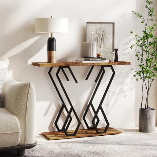 GIANTEX Console Meuble en Faux Marbre de 100 cm, 2 Étagères, Cadre en Métal en Forme de Papillon, Coussinets de Pieds Réglables, Table Console pour Salon, Couloir, Entrée (Marron)