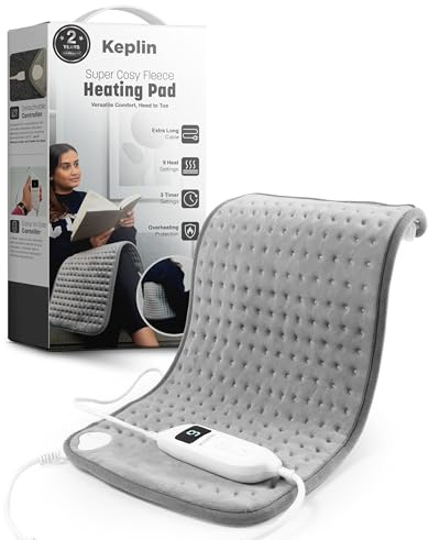 Keplin Electric Heating Pad for Back & Shoulder - 60x30cm -Super Cosy Flannel, 9 Heat Settings & Overheat Protection, 3 Timer Modes (30/60/90 mins), Washable Cover & Remote Display - Grey (Small)