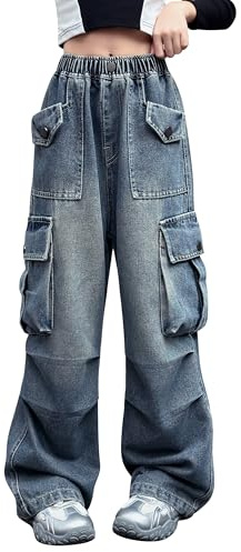Rolanko Girls Baggy Cargo Jeans, Elastic High Waist Wide Leg Trousers Y2K Denim Pants with Multi Pockets, Blue Denim, 13-15 Years, 170