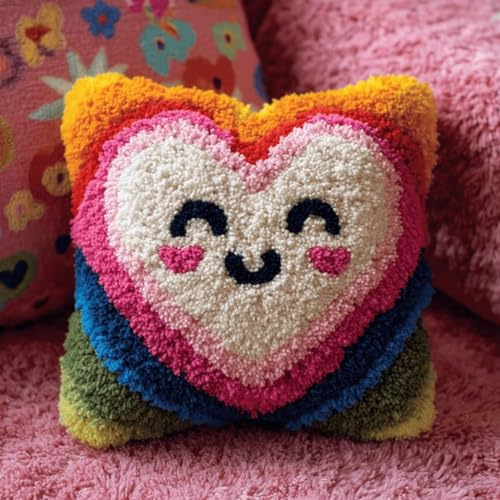 Kitquiver Kit De Cojín De Con Gancho De Pestillo,En Forma De Corazón Bordado De Alfombras,Patrón De Lona De Ganchillo,Manualidades Para Niños,Adultos Y Principiantes,43 X 43Cm