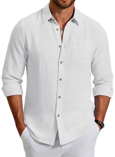 COOFANDY Men's Linen Shirts Casual Button Down Shirt Long Sleeve Cotton Linen Shirts for Men Summer Beach Outfits,White