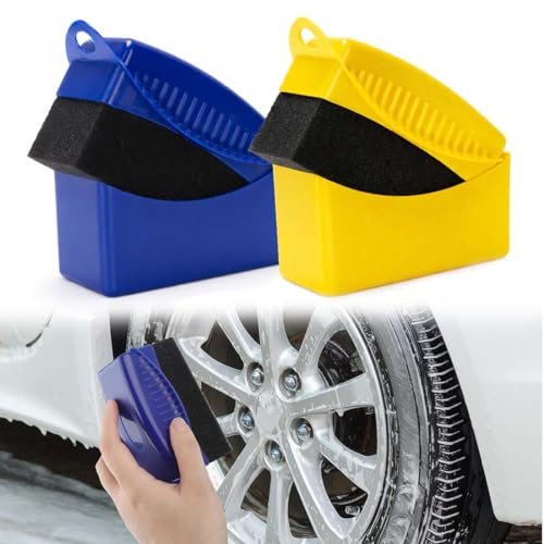 Quesuc 2 Pezzi Lucidante Per Pneumatici Spugnette Lucidanti, Spugne Per Pulizia Resistenti All'Abrasioni Per Pneumatici Di Moto E Auto (Blu, Giallo)