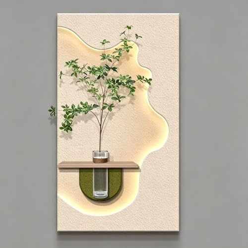 3D Sandstone Relief Wall Art Modern Illuminated LED Landscape Wall Decor (Featuring Faux Greenery in Glass Vases) Luxurious Home Decor for Entryways and Hallways(White8,40*80cm/15.7*31.5in)