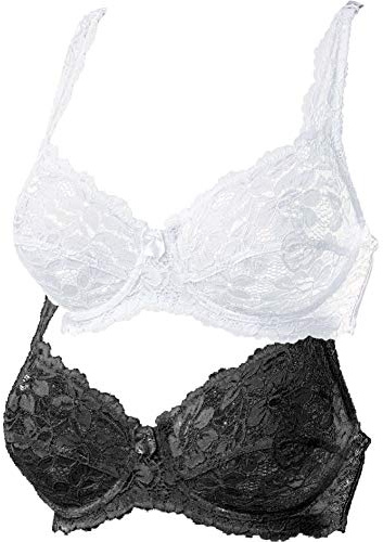 Ladies Underwired Designer Non Padded Bra Lace Bra by Marlon 2Pack Black & White BlkWht-36DD
