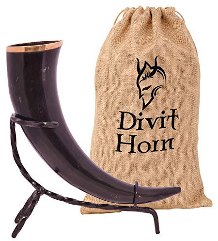 Divit - Cuerno para Beber con Soporte de Hierro, auténtico Cuerno Medieval para Beber Cerveza | Adornos de latón y Saco de Regalo de arpillera Incluido | Capacidad de 16 oz (400-500 ml)