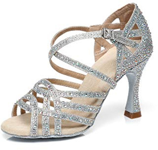 MINITOO Women's Ballroom Dance Shoes Glitter Rhinestones Salsa Latin Dancing Heels L357 Silver UK 7.5