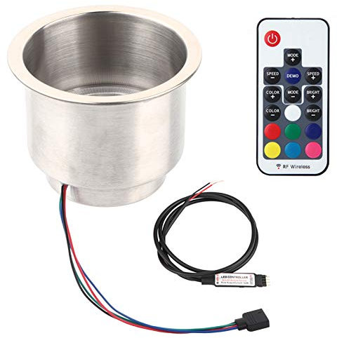 RGB LED Auto Getränkehalter mit DC12V 3W 14 LEDs und Fernbedienung, Edelstahl Dosen Halterung 110mm ID / 85mm Hoch, Flaschenhalter Aufbewahrungsbox für Auto PKW LKW NFZ