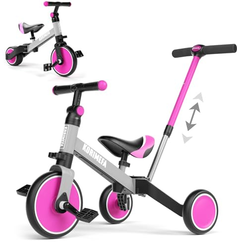 KORIMEFA Triciclos para Niños, 4 en 1 Una Bici Multifunción, Adecuado para niños de 1-3 años,Triciclo,Bicicleta,Carro de Equilibrio,Caminante, Altura del Asiento Regulable (Rosa(con Mango))