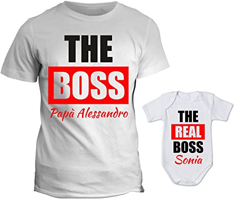 fashwork Coppia T-Shirt Body papà Figlio Personalizzabile Maglietta Neonato Capo vs Vero Bodino Divertente per Uso diurno