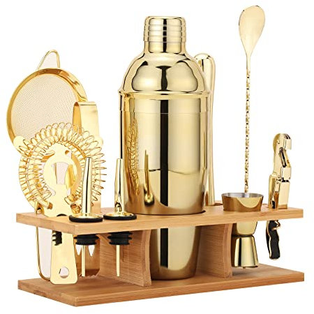 JNWINOG Mixology Juego de 11 coctelera de coctelera dorada con coctelera de 25 onzas, mezclador de martini, mezclador, cuchara de bar y más accesorios profesionales de carrito de bar para el hogar