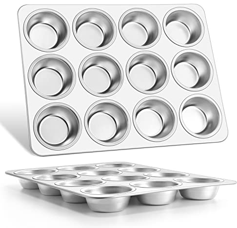E-far Muffin Pan 12-Cup, Set of 2, Stainless Steel Cupcake Pan Metal Muffin Baking Tins for Oven, Regular Size & Easy Clean, Non-toxic & Dishwasher Safe