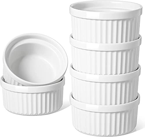 LE TAUCI 6 X 350 ml Ramekins, Moldes para soufflé, Tazones de Cerámica Apilables para Air Fryer, Hornear, Pudding, Servir Dip, Custard, Ice Cream, Set de 6, Blanco