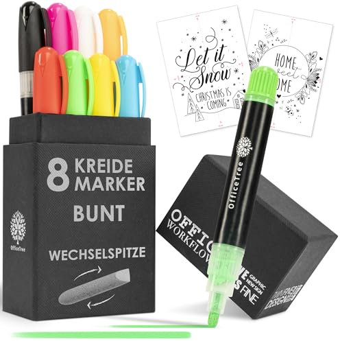 OfficeTree 8x Kreidemarker Bunt - 1mm bis 6mm wechselbare Spitzen - Fenstermalstifte abwaschbar - Kreidestifte für Tafel abwaschbar - Kreide Fenster Stifte - Kreidestift - Fensterstifte abwaschbar