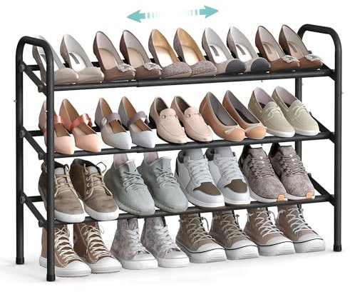 SONGMICS Zapatero Extensible, Zapatero de Metal de 3 Niveles, Organizador de Zapatos Ajustable, Estante Zapatos para Pasillo, Armario, Puerta, Fácil Montaje, Negro Tinta LMR039B01