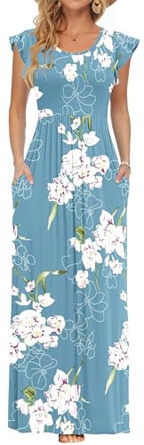 AUSELILY Women's Casual Short Sleeve Loose Maxi Dresses Summer Round Neck Stretchy Long Dresses with Pockets Floral Light Blue, XL