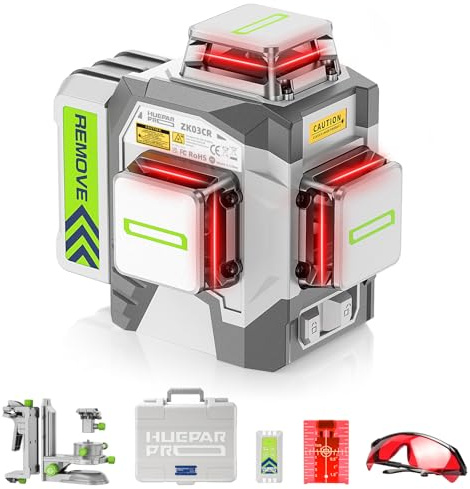 Huepar Pro Niveau Laser 360 Autonivelant, Niveaux Laser Rouge Professionnel Laser Chantier de Haute Précision Avec Batterie Li-ion Rechargeable 8000mAh, Support Multifonctionnel et Etui Rigide ZK03CR