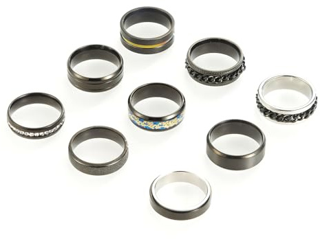 SOXEMAN Set da 9 Anelli Nuziali per Uomo e Donna, 3 Anelli Rotanti Antistress, Acciaio Inossidabile, Larghezze 6mm e 8mm (Misura USA) | Nero | Misura USA 9 (59,4 mm)