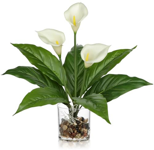 Briful 15.4 White Calla Lily Artificial Flowers in Glass Vase with Pebbles, 39cm Tall Artificial Lilies Real Touch Flowers - Decorative Artificial Plants for Living Room, Bathroom Decor