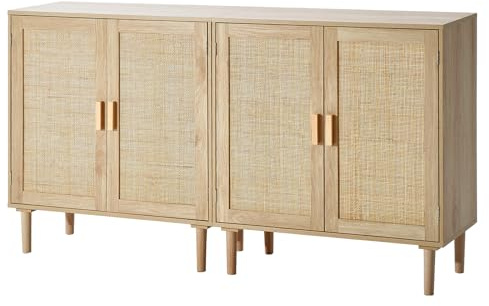 VEVOR Rattan Buffet Cabinet with Storage, 4 Magnetic Doors and Adjustable Shelves, Sideboard for Hallway, Living Room, Kitchen, Natural