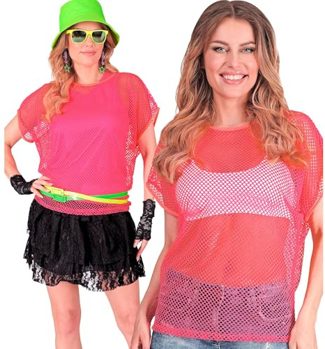 W WIDMANN MILANO Party Fashion - Haut en résille pour femmes, t-shirt en résille, fluo pour festivals et carnaval