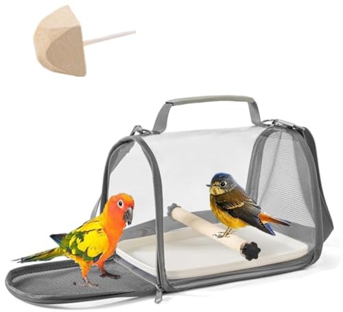 Bird Carrier Bag, Bird Transport Box, Fully Transparent, 19 x 26 x 19 cm, Portable Bird Carrier with Plastic Bowl, Wooden Pole, Travel Cage for Small Pets, 1 Molar Stone (Grey)
