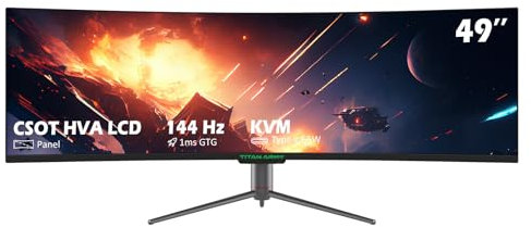 TITAN ARMY 49-inch Curved Gaming Monitor, 144Hz, 38401080 CSOT HVA Panel, 32:9 Oversized Curved Screen, 1ms, 127% sRGB, Adaptive-Sync, Low Blue Light, VESA Mount, for FPS MOBA RAC RTS MMORPG Gaming