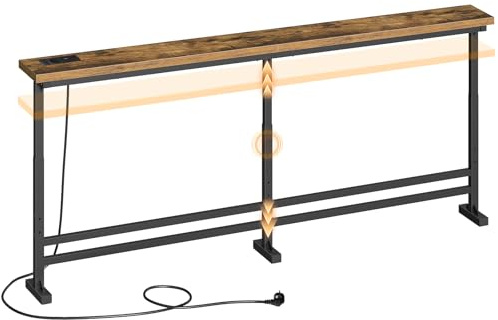 YATINEY Mesa de Sofá Industrial de 180 cm, Consola Estrecha, Mesa de Pasillo con Toma de CA, Puerto USB y Puerto Tipo C, para Sala de Estar, Pasillo, Entrada, Marrón Vintage y Negro, XCT08CBR