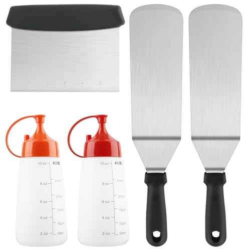 Haultery Griddle Accessories Set - 2 Spatulas, 2 Squeeze Bottles, and 1 Scraper | Heavy Duty Stainless Steel BBQ Tool Kit for Flat Top Grill Cooking