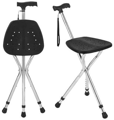 Bastón con asiento, capacidad de 120 kg, tabla de asiento grande en cinco posiciones de altura ajustable, caña y taburete de doble uso, bastón con asiento para adultos en reposo, personas mayores y