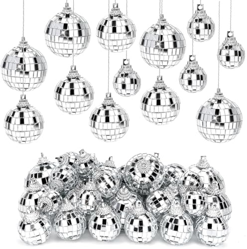 36 stycken minidiscobollsset, 3 storlekar, blandat spegelboll, discokulor, set med minidiscokula, dekoration, 2 cm, 3 cm 4 cm, silver discokula liten för julgran, bröllop, födelsedagsfest, dekoration