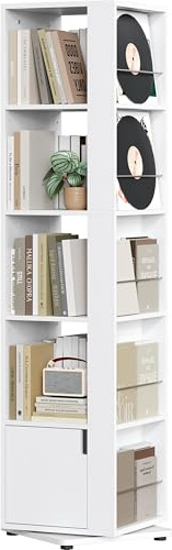 Yaheetech 5-Tier Rotating Bookshelf with Adjustable Shelves, White | 360° Rotating Design | Adjustable Shelves | Closed Storage | Square Space-Saving Design | Home Office & Living Room
