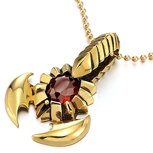 Colgante Escorpión Rey, Collar con Colgante de Hombre, Acero Inoxidable, Circonio Cúbico Rojo, Bola Cadena 75CM