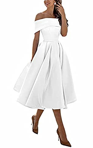 yhfshop Robe de Soirée au Genou en,Jupe Trois-Quarts en Satin Coupe trapèze,White,US10,Robe de Demoiselle d'honneur Soirée Bal