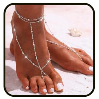 Ursumy Beads Barefoot Sandals Sliver Anklet Beach Foot Chain Layered Ankle Bracelet Jewelry for Women (2Pcs) (Sliver)